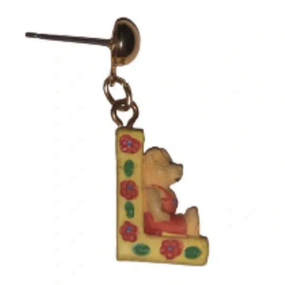 Post Earrings with Dangle L and Bear in Overalls - Picture 3 of 3